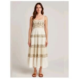 NAOO Womens Crochet Gauzy Tiered Midi Peasant Dress Beige Boho Beach Festival L